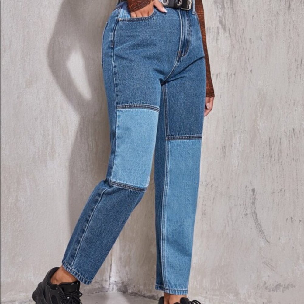 SHEIN | High Waist Panel Block Denim Jeans L - Picture 8 of 8